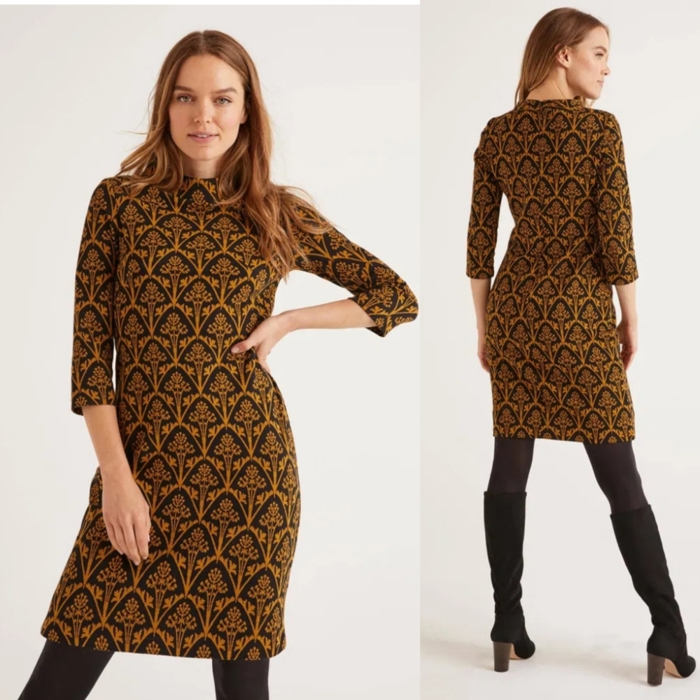 Boden Black and Mustard Patterned Sheath Dress